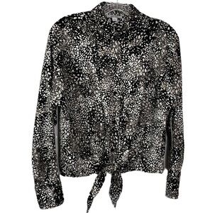 NWT‎ Nine West Blouse Button Tie Front Satin Poly Black Tan Women S